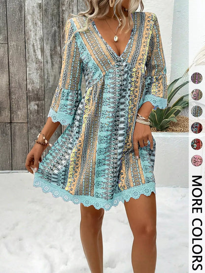 Printed V-Neck A-Line Dress Lake Blue / S The Nichole Collection - Official Site