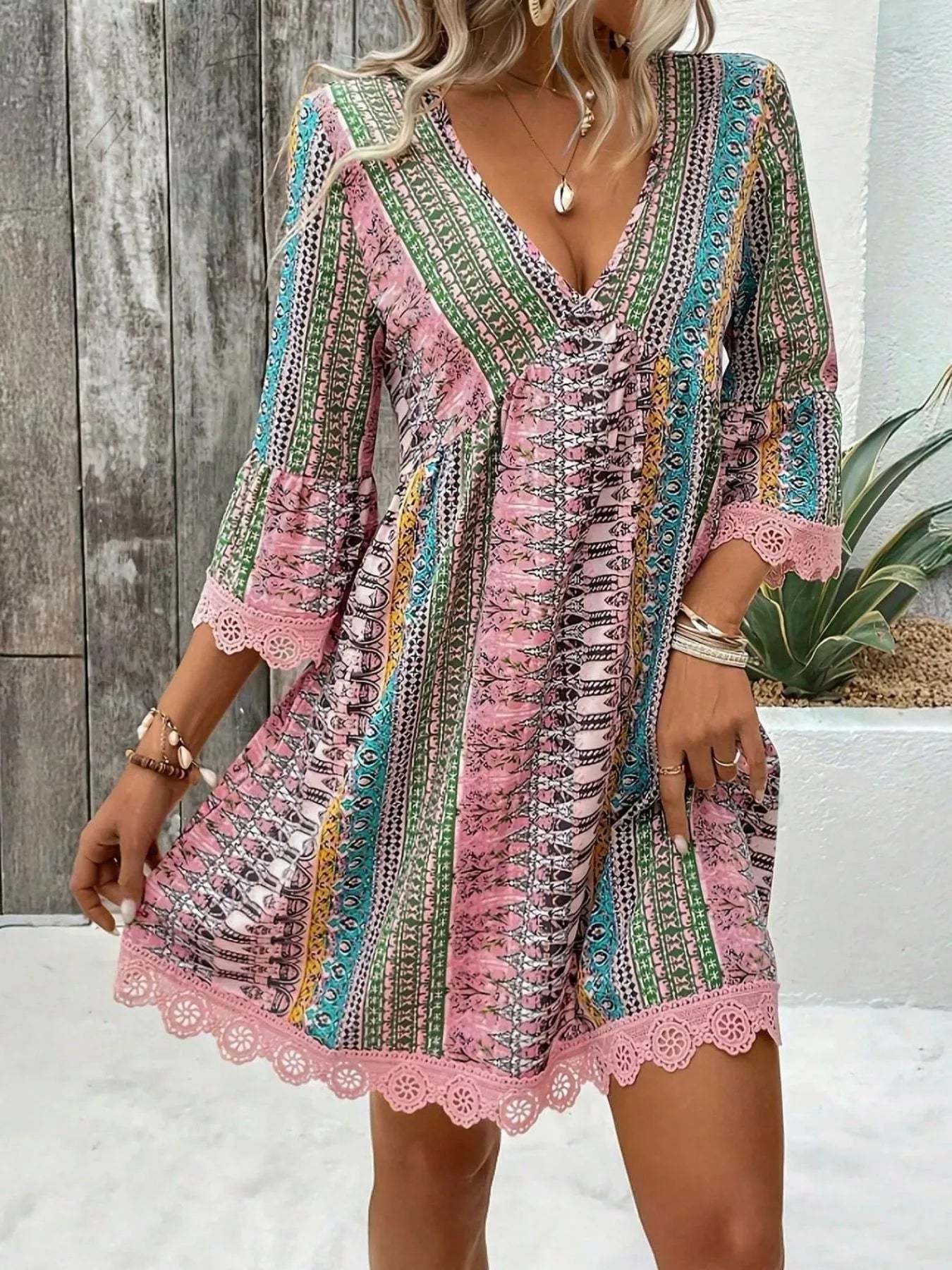 Printed V-Neck A-Line Dress Pink / S The Nichole Collection - Official Site