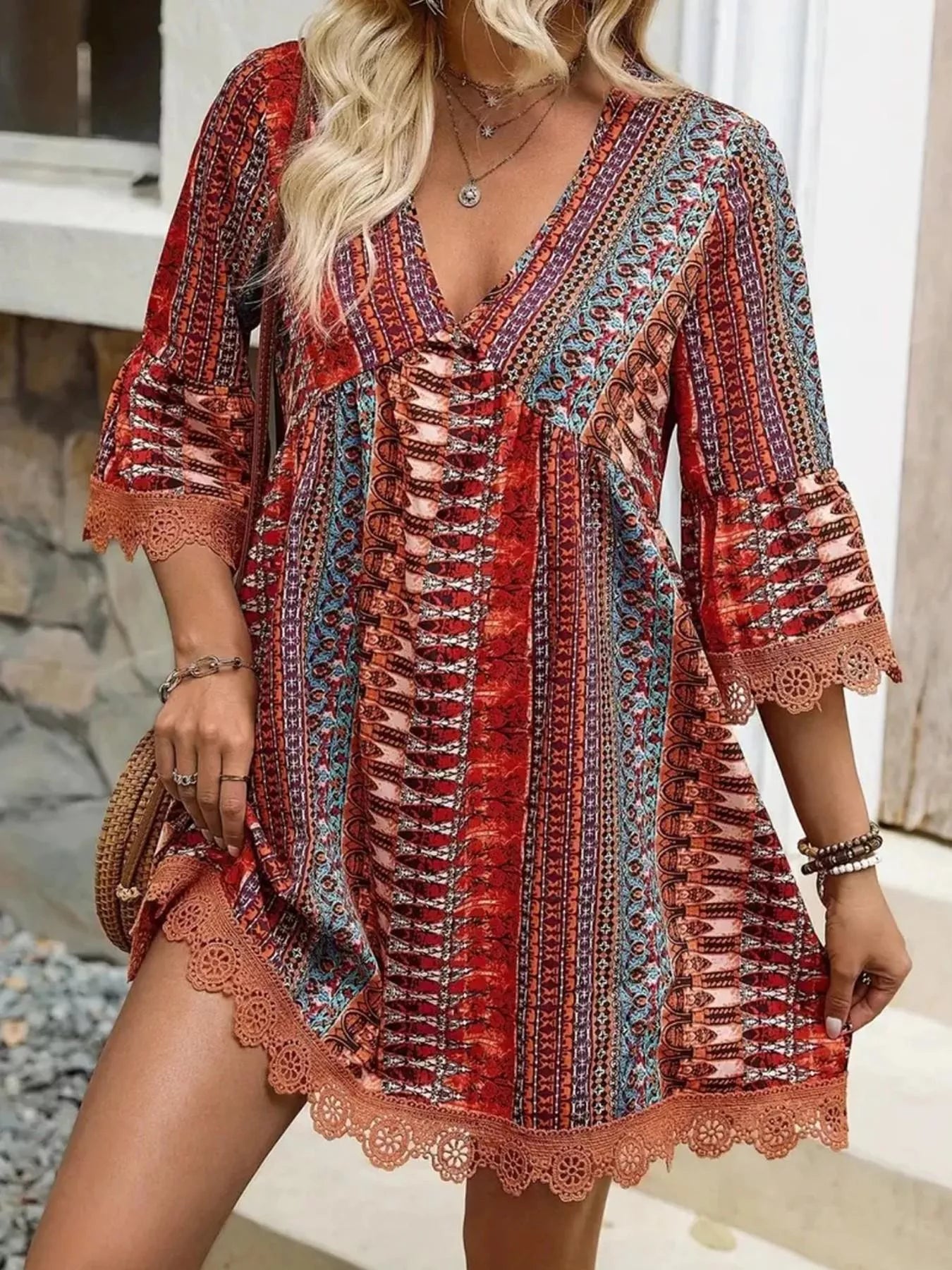 Printed V-Neck A-Line Dress Red / S The Nichole Collection - Official Site