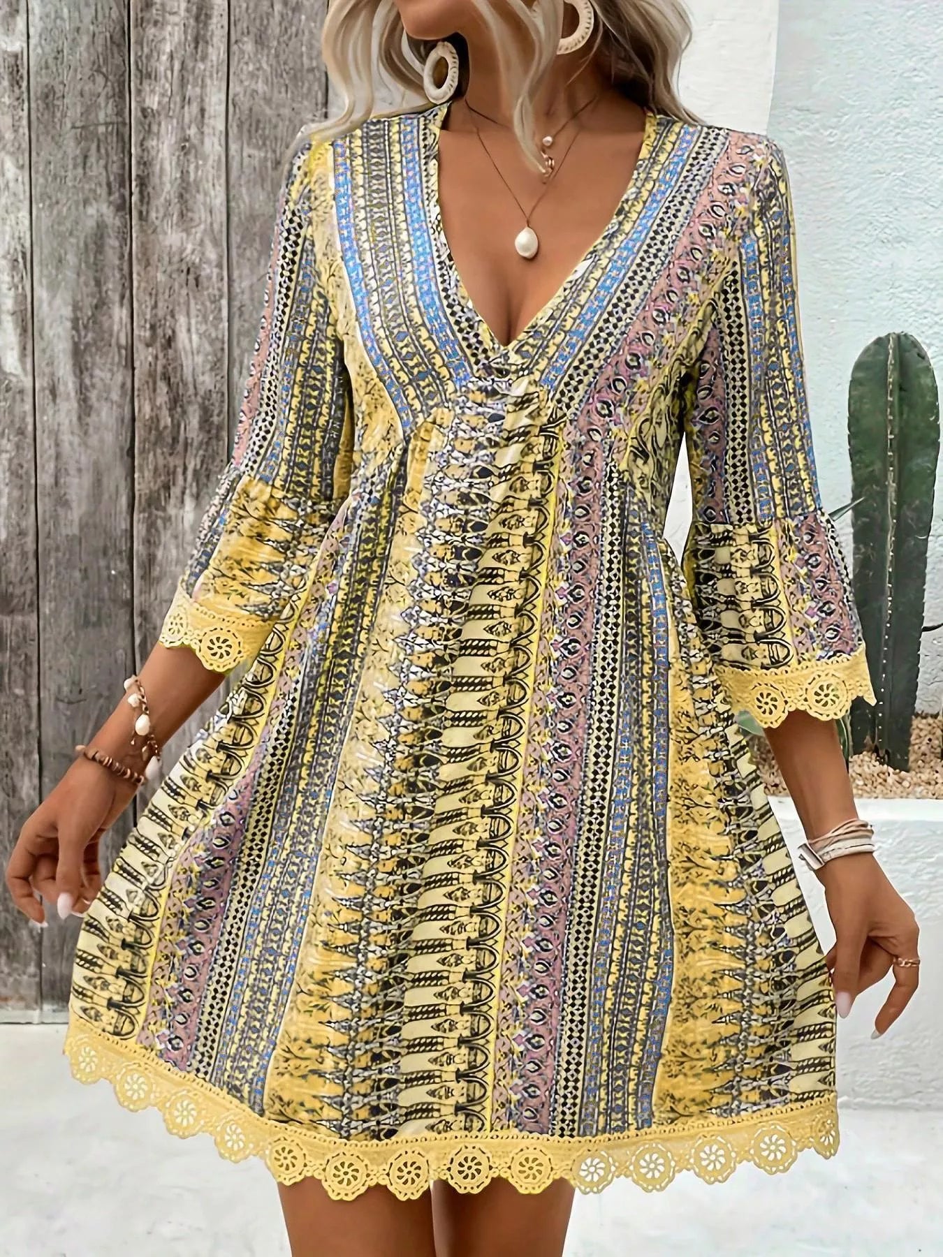 Printed V-Neck A-Line Dress Yellow / S The Nichole Collection - Official Site