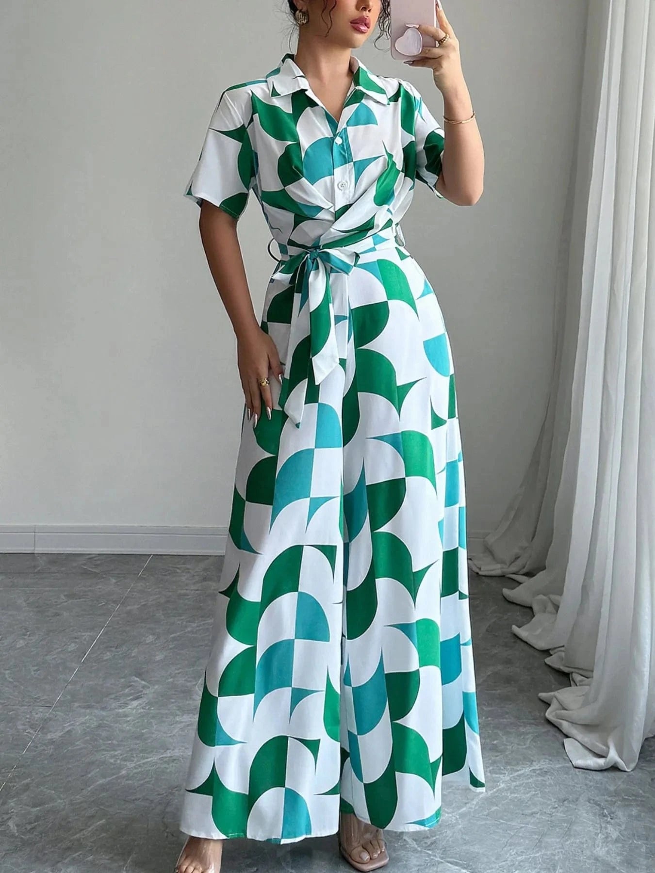Printed Wide Leg Belted Jumpsuit The Nichole Collection