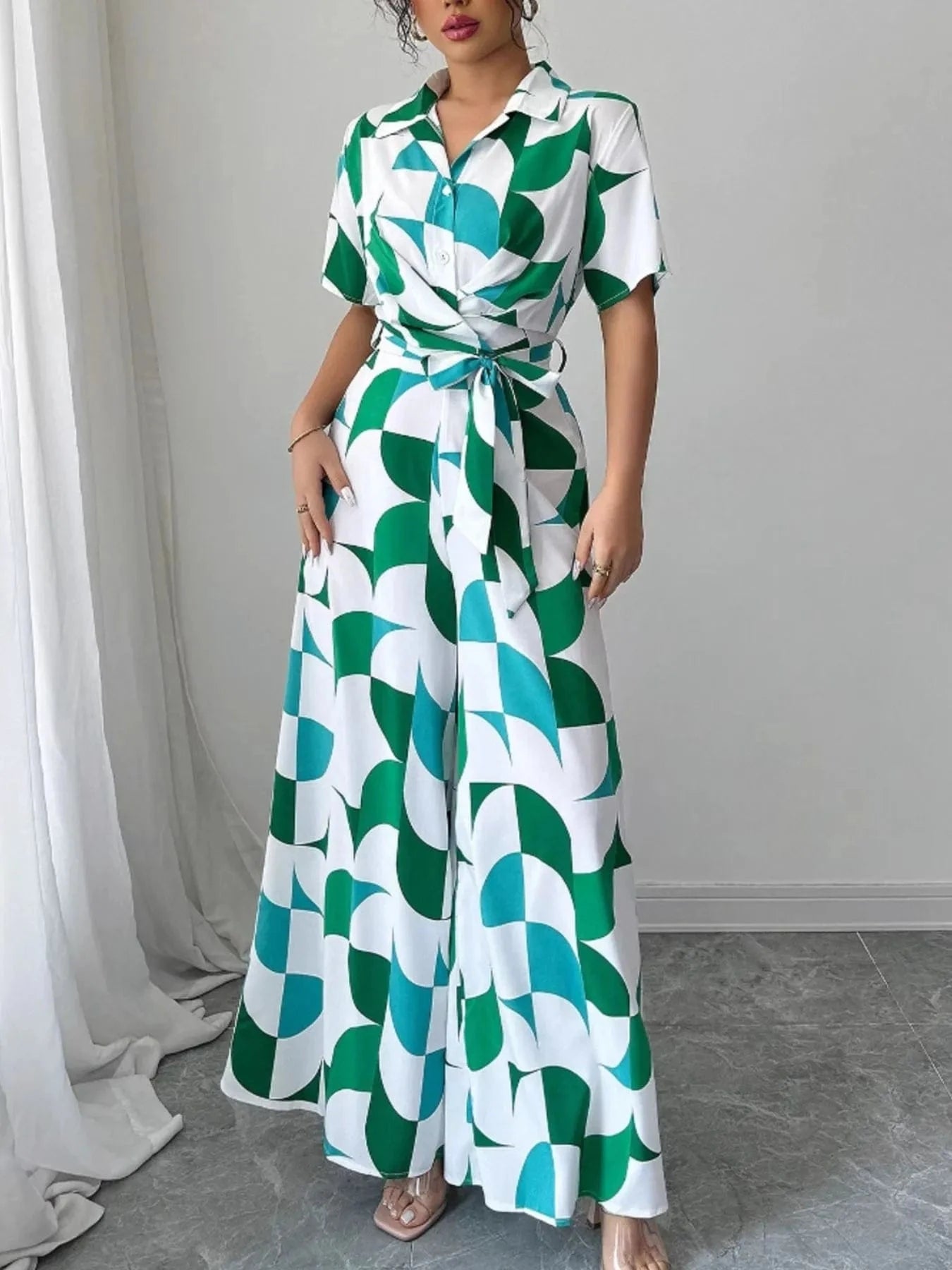 Printed Wide Leg Belted Jumpsuit Turquoise / S The Nichole Collection