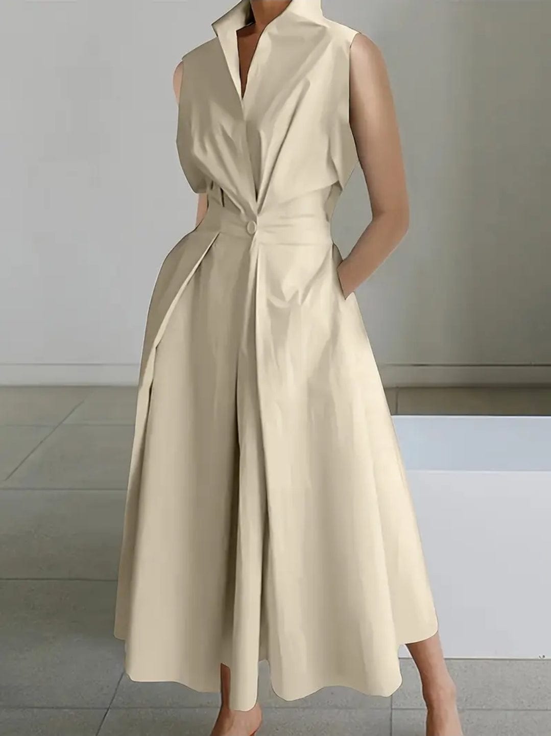 Professional Sleeveless Collared Midi Dress for Women Beige / S The Nichole Collection