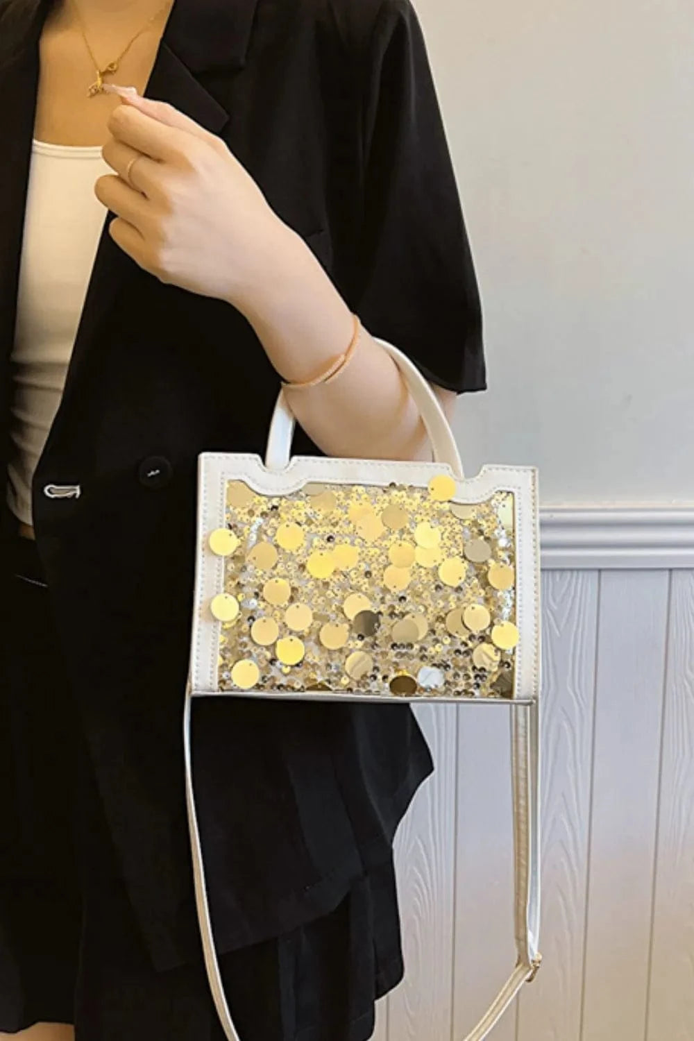 PU Leather Sequin Handbag Handbags White / One Size The Nichole Collection