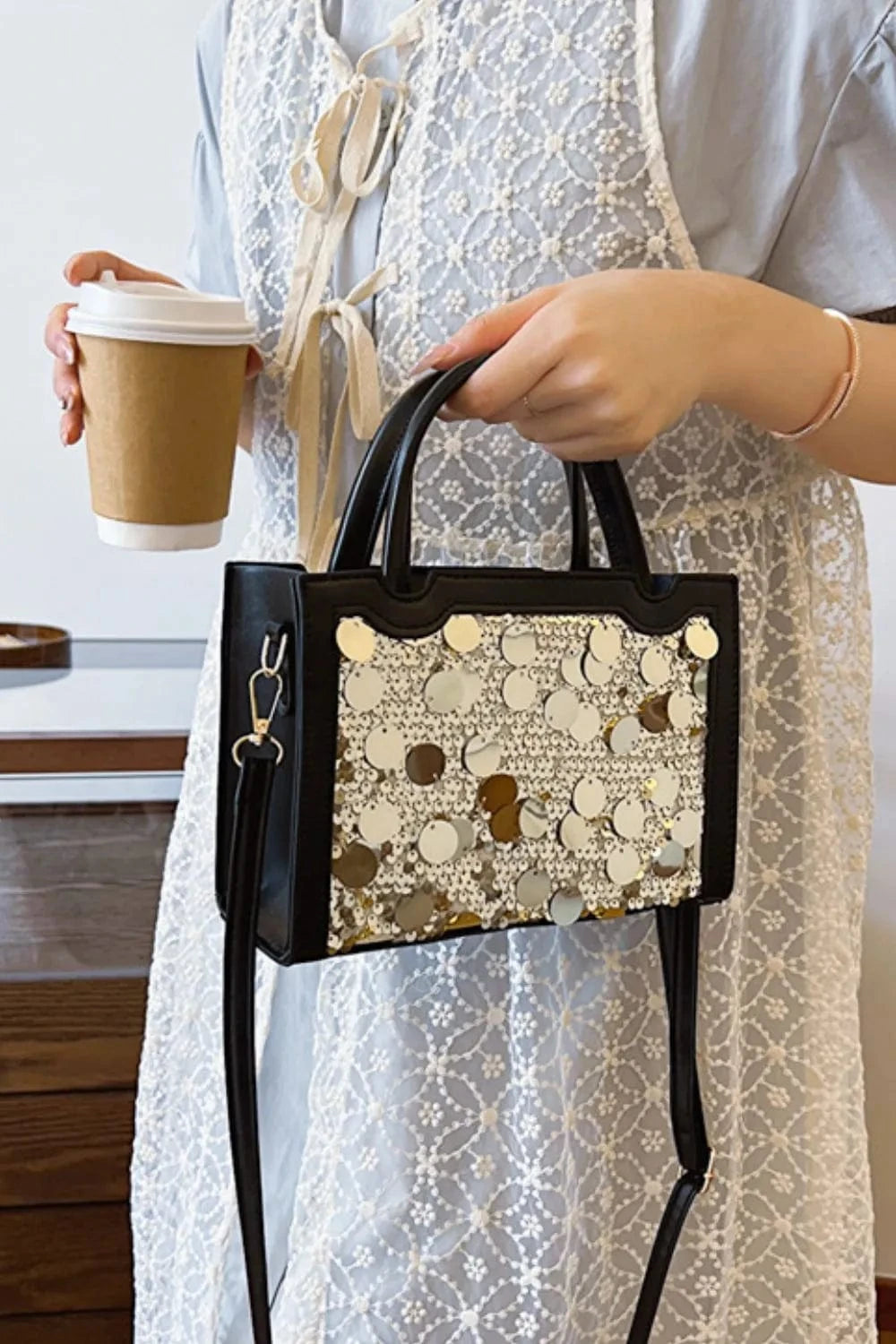 PU Leather Sequin Handbag Handbags Black / One Size The Nichole Collection
