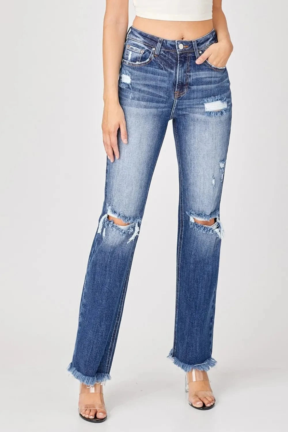 Raw Hem Distressed Straight Jeans Jeans The Nichole Collection