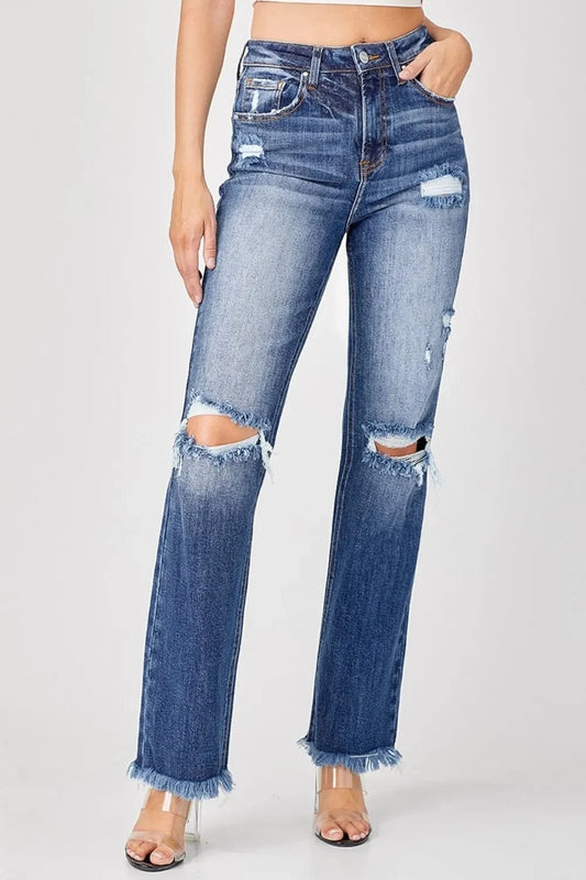 Raw Hem Distressed Straight Jeans Jeans Deep Blue / 0(24) The Nichole Collection
