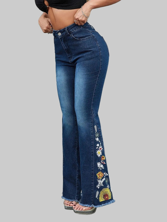 Raw Hem Embroidered High Waist Jeans Jeans Dark Blue / S The Nichole Collection