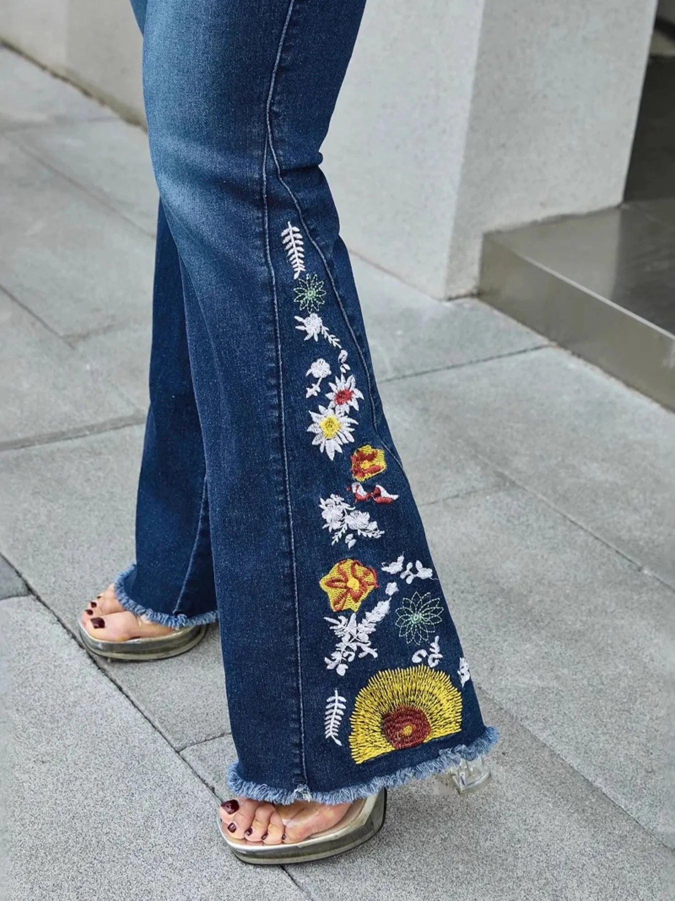 Raw Hem Embroidered High Waist Jeans Jeans The Nichole Collection
