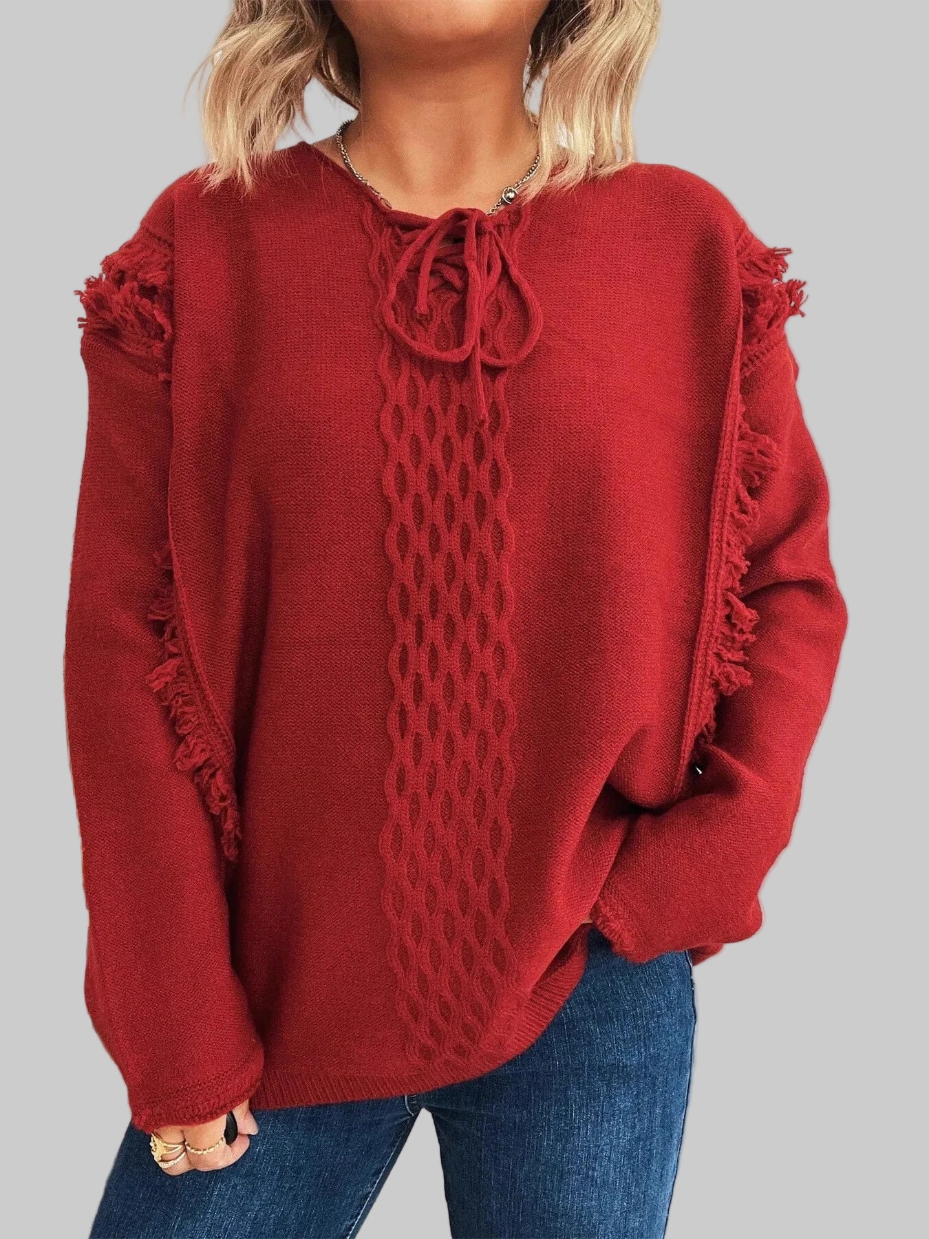 Raw Hem Lace Up Front Sweater Sweaters Burgundy / One Size The Nichole Collection