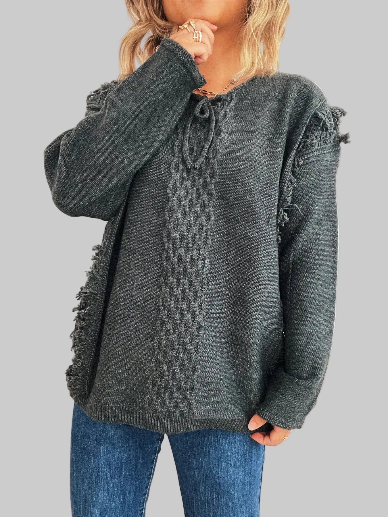Raw Hem Lace Up Front Sweater Sweaters The Nichole Collection