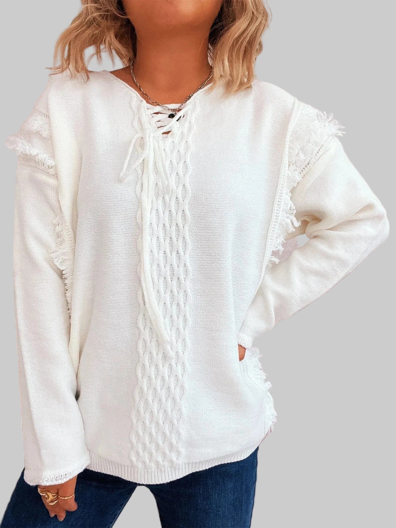 Raw Hem Lace Up Front Sweater Sweaters The Nichole Collection