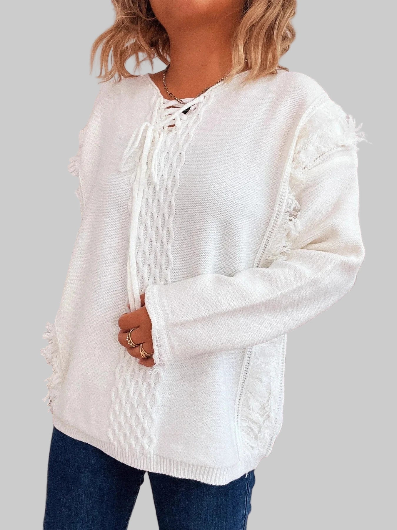 Raw Hem Lace Up Front Sweater Sweaters The Nichole Collection
