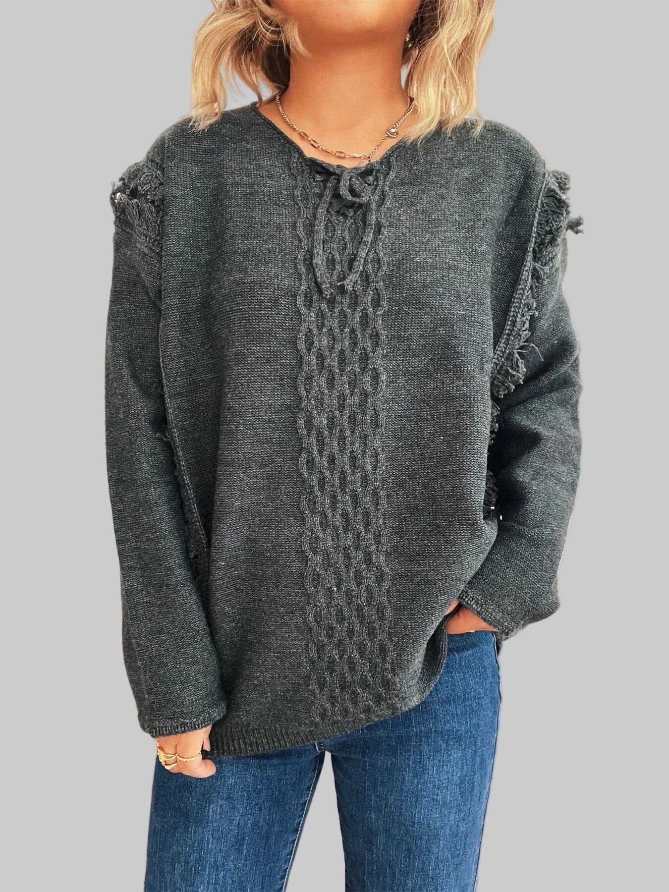 Raw Hem Lace Up Front Sweater Sweaters The Nichole Collection