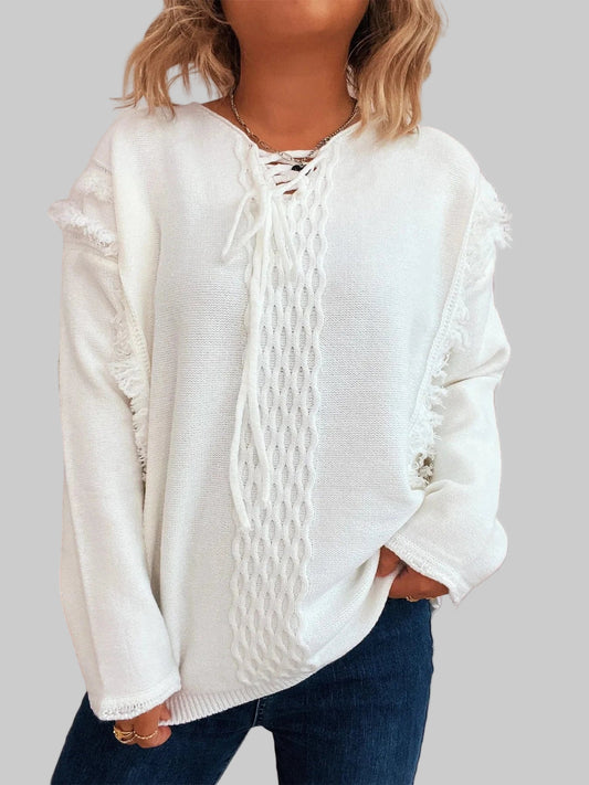 Raw Hem Lace Up Front Sweater Sweaters White / One Size The Nichole Collection