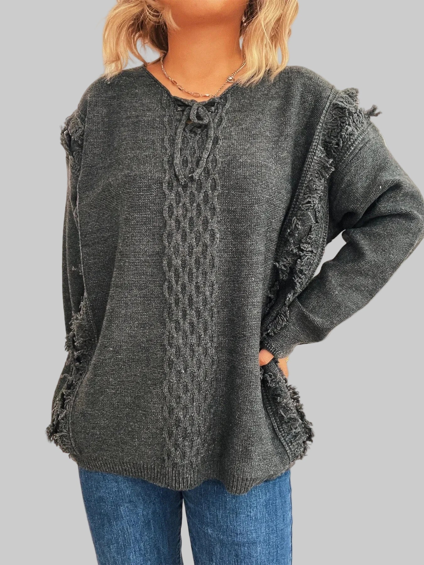 Raw Hem Lace Up Front Sweater Sweaters Dark Gray / One Size The Nichole Collection