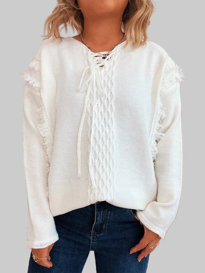 Raw Hem Lace Up Front Sweater Sweaters The Nichole Collection