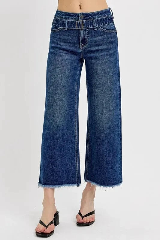 Raw Hem Wide Leg Attached Buckle Jeans The Nichole Collection