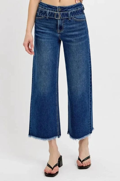 Raw Hem Wide Leg Attached Buckle Jeans The Nichole Collection