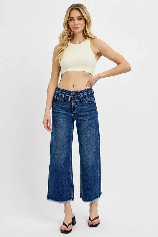 Raw Hem Wide Leg Attached Buckle Jeans The Nichole Collection