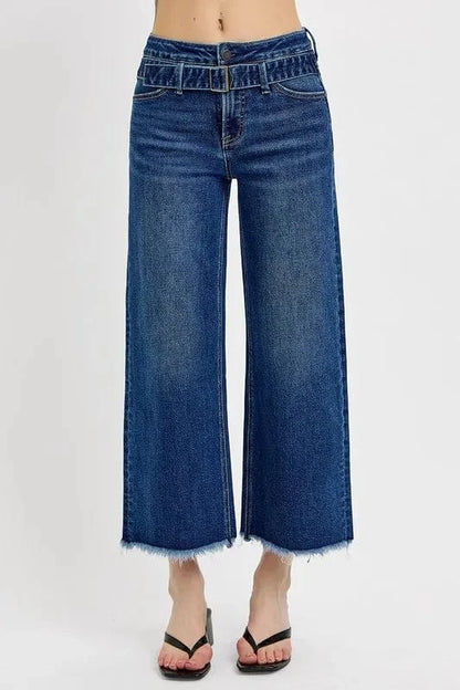 Raw Hem Wide Leg Attached Buckle Jeans Dark / 0(24) The Nichole Collection