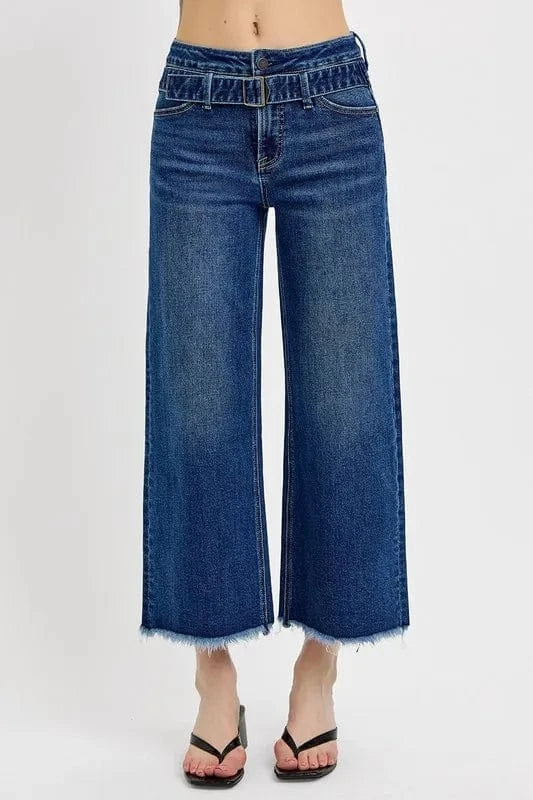Raw Hem Wide Leg Attached Buckle Jeans Dark / 0(24) The Nichole Collection