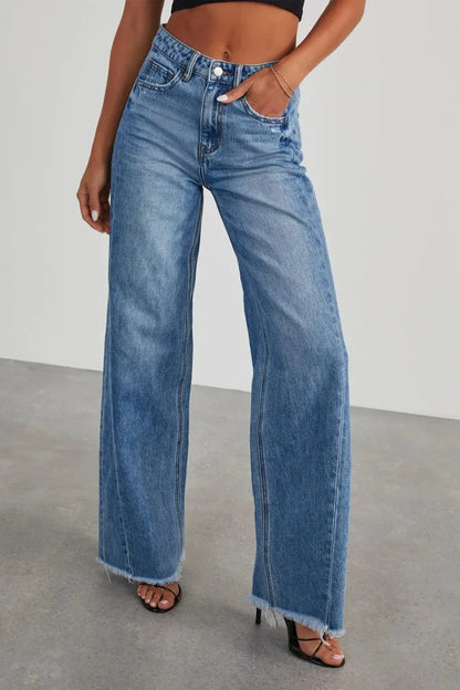 Raw Hem Wide Leg Jeans with Pockets Jeans The Nichole Collection