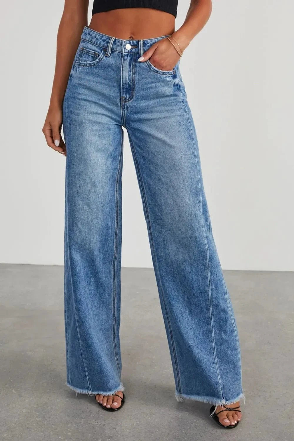 Raw Hem Wide Leg Jeans with Pockets Jeans Medium / S The Nichole Collection