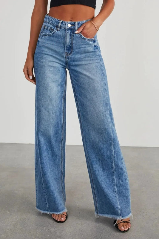 Raw Hem Wide Leg Jeans with Pockets Jeans Medium / S The Nichole Collection
