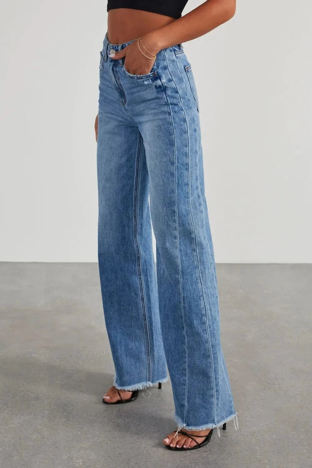 Raw Hem Wide Leg Jeans with Pockets Jeans The Nichole Collection