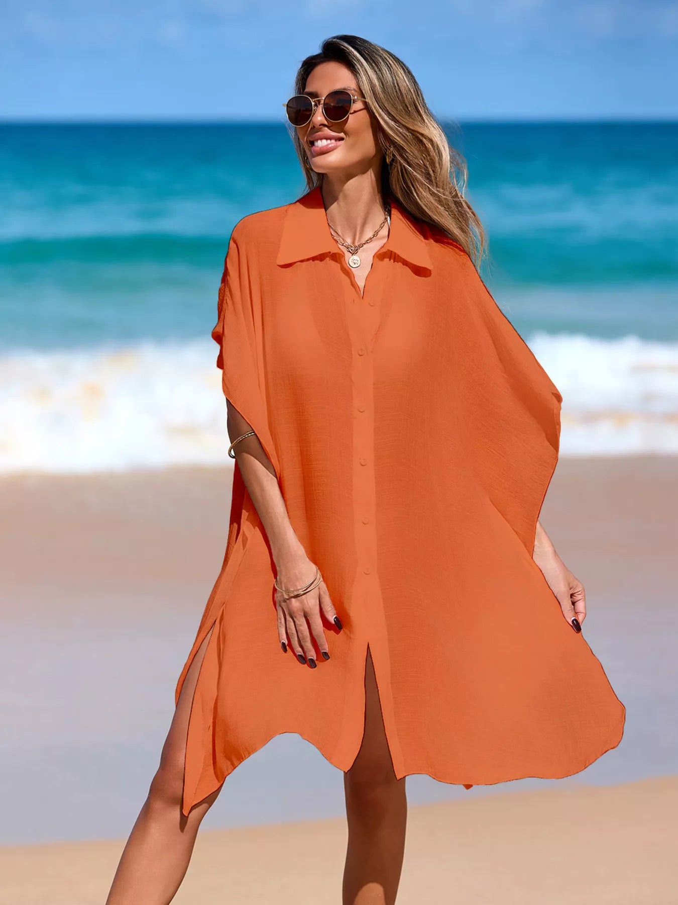 Relaxed Fit Button Up Cover-Up Dress Orange / One Size The Nichole Collection - Official Site
