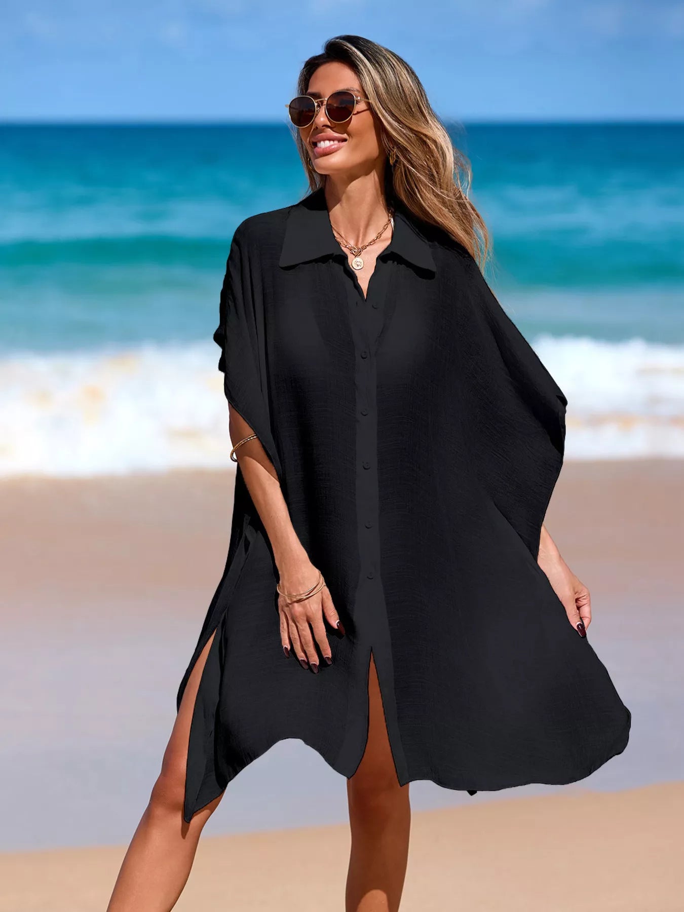 Relaxed Fit Button Up Cover-Up Dress Black / One Size The Nichole Collection - Official Site