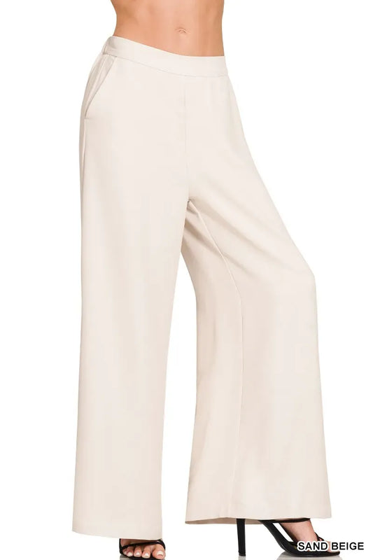 Relaxed Fit Elastic Waisted Wide Leg Pants Pants SAND BEIGE / S The Nichole Collection