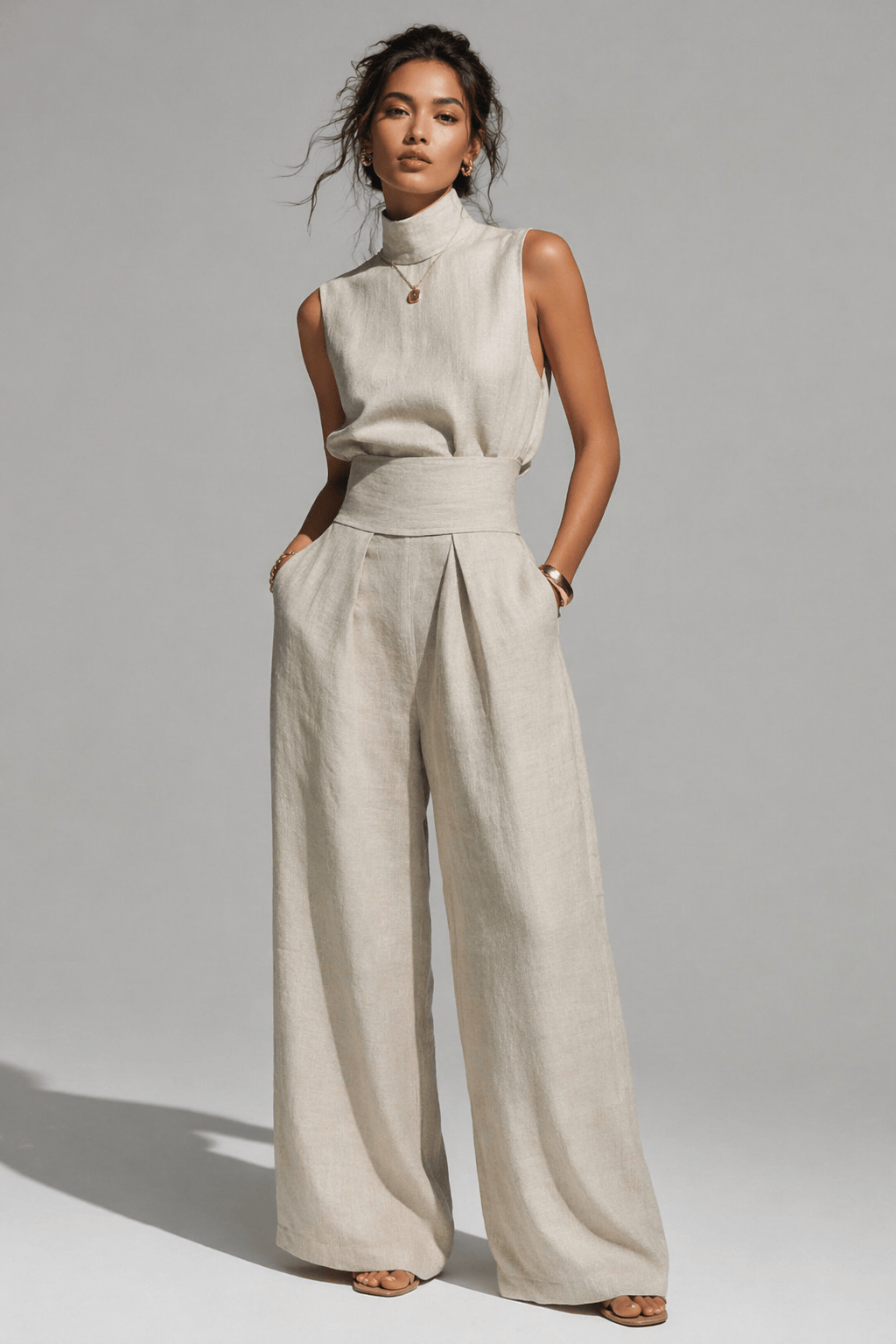 Relaxed Fit Linen Top & Wide-Leg Pants Set Ivory / S Women's Sets The Nichole Collection