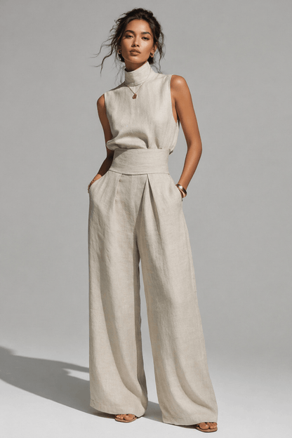 Relaxed Fit Linen Top & Wide-Leg Pants Set Ivory / S Women's Sets The Nichole Collection