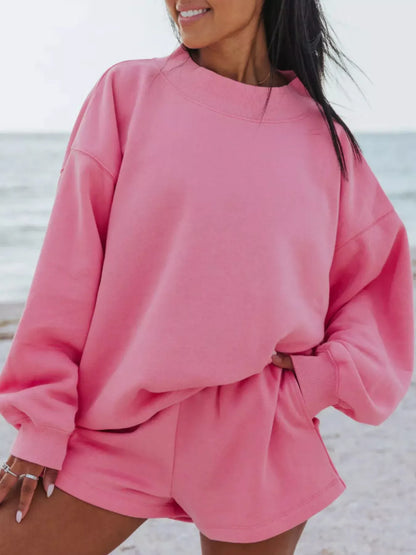 Relaxed Fit Round Neck Sweatshirt and Shorts Set Pink / S The Nichole Collection