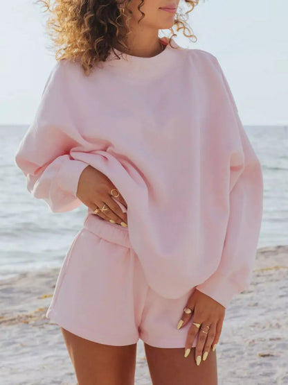 Relaxed Fit Round Neck Sweatshirt and Shorts Set Blush Pink / S The Nichole Collection