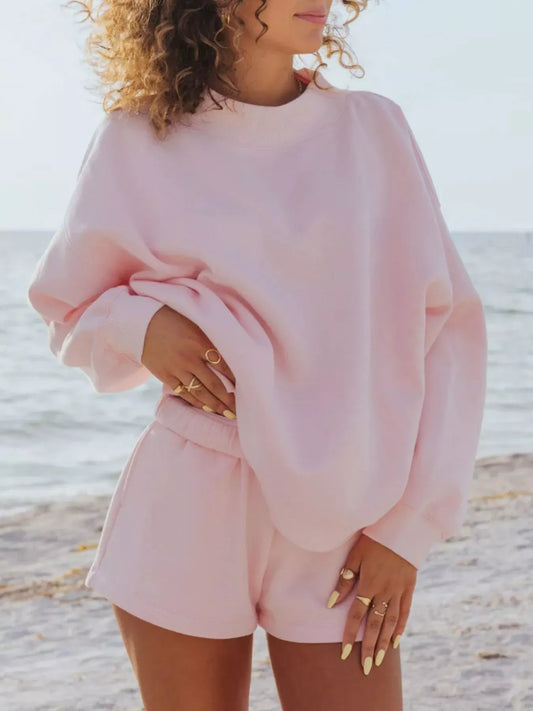 Relaxed Fit Round Neck Sweatshirt and Shorts Set Blush Pink / S The Nichole Collection