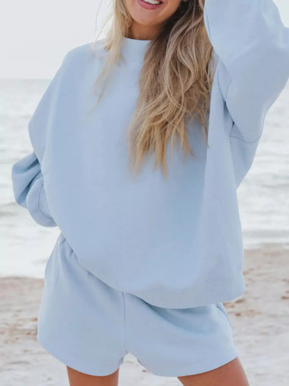Relaxed Fit Round Neck Sweatshirt and Shorts Set Sky Blue / S The Nichole Collection