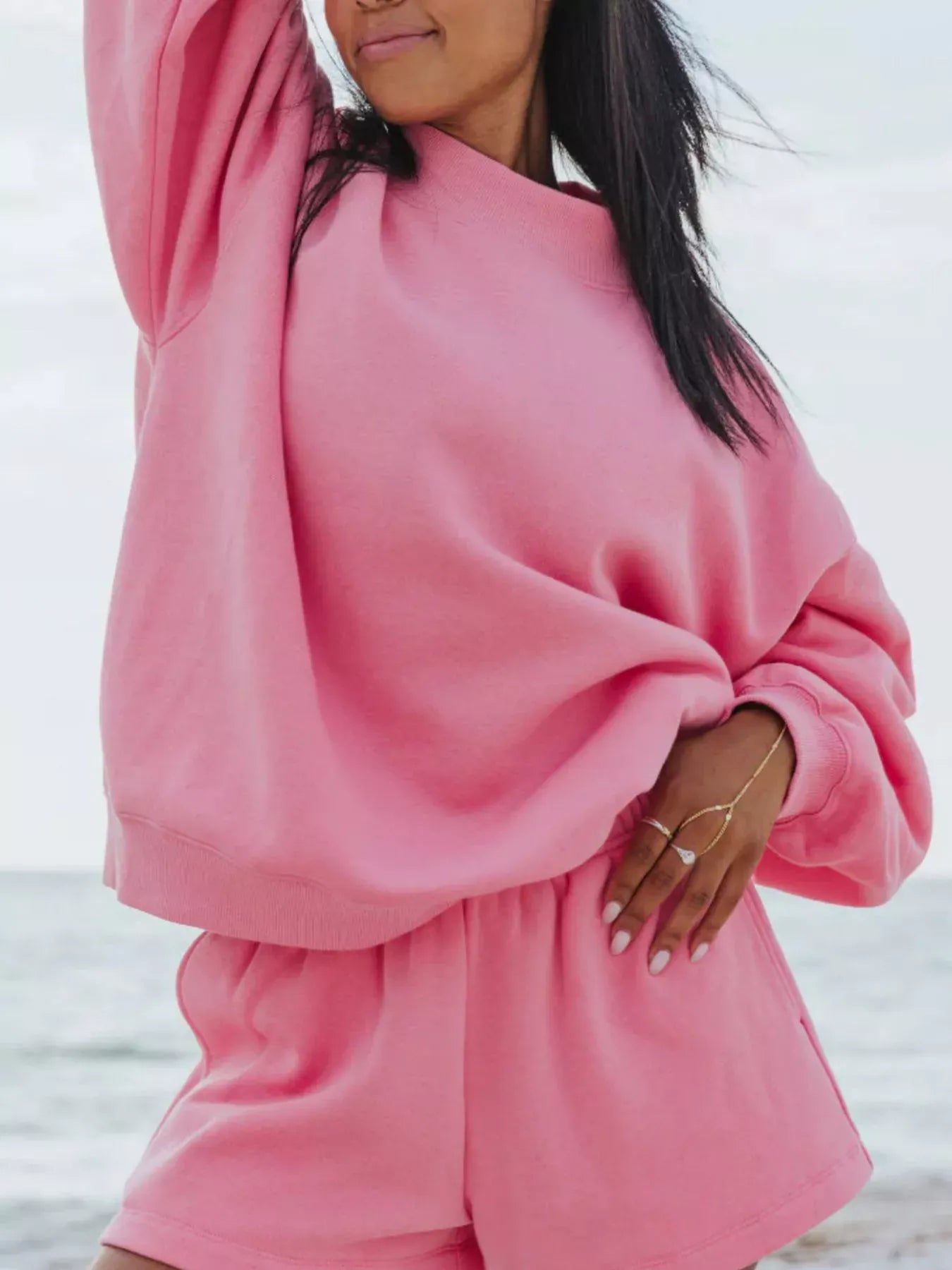 Relaxed Fit Round Neck Sweatshirt and Shorts Set The Nichole Collection