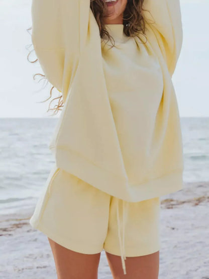 Relaxed Fit Round Neck Sweatshirt and Shorts Set The Nichole Collection