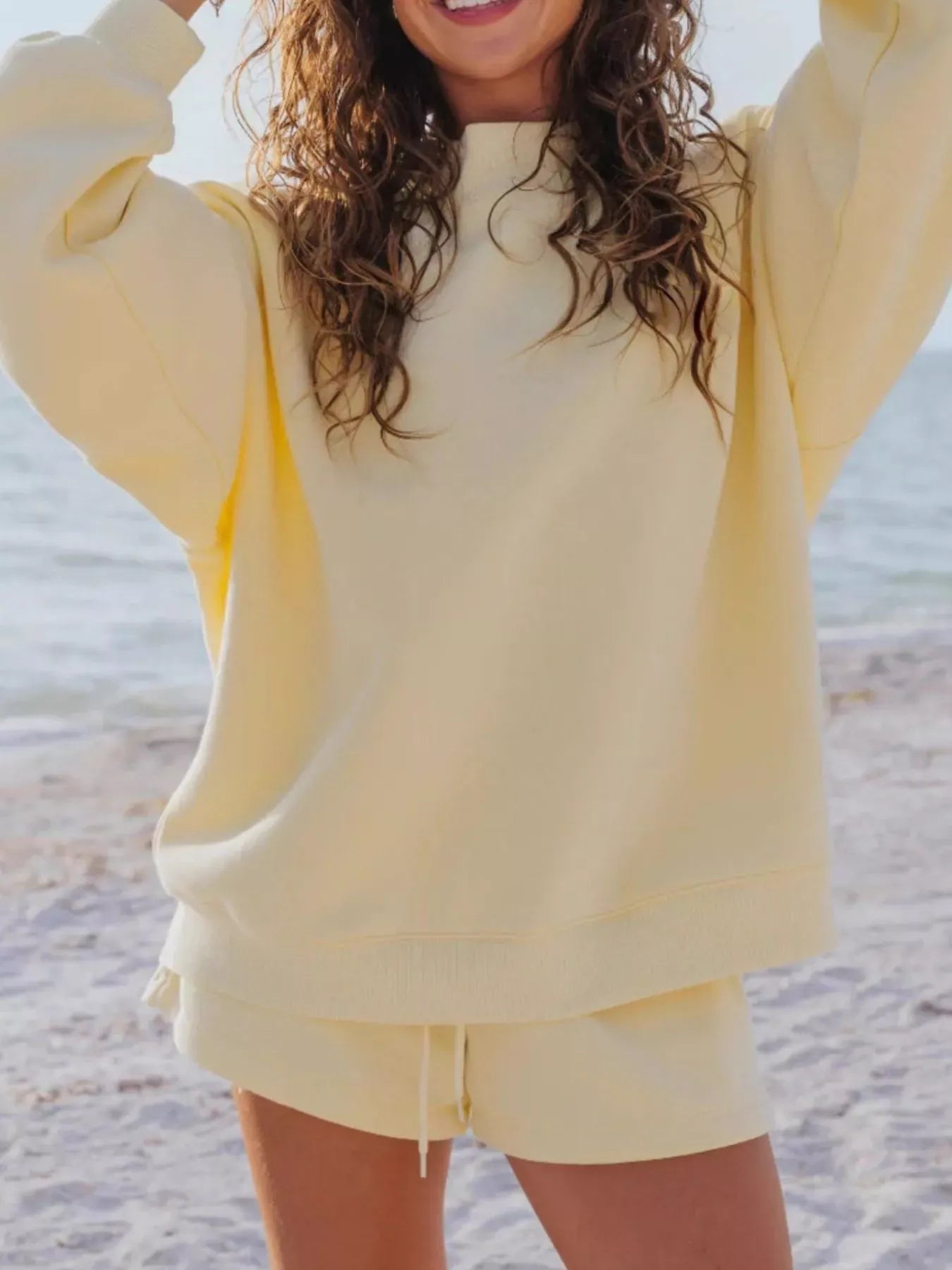 Relaxed Fit Round Neck Sweatshirt and Shorts Set Yellow / S The Nichole Collection