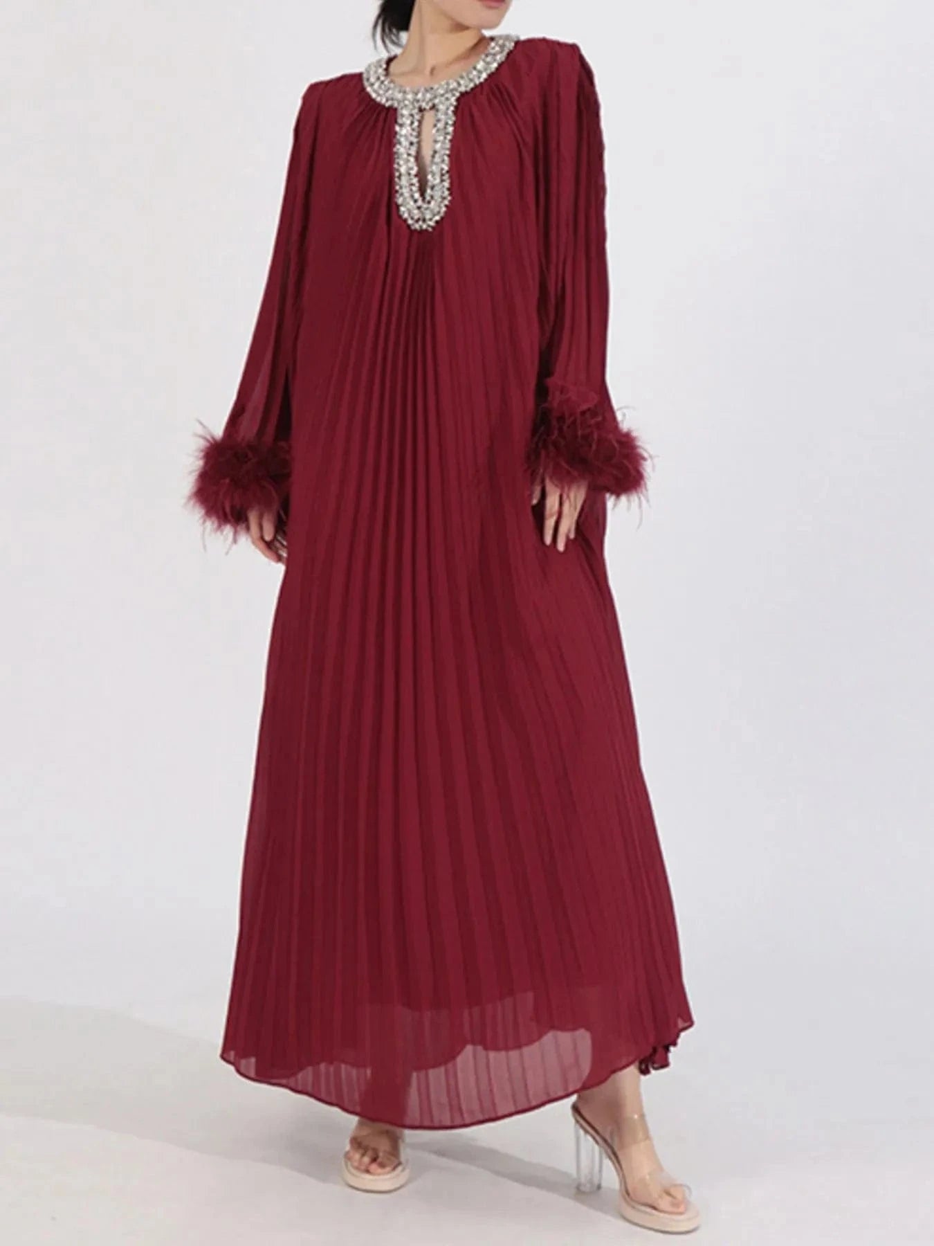 Rhinestone Long Sleeve Maxi Dress Dresses Angora Red / S The Nichole Collection