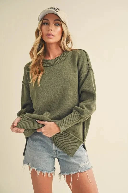 Ribbed Hem Side Slit Round Neck Sweater OLIVE / S The Nichole Collection