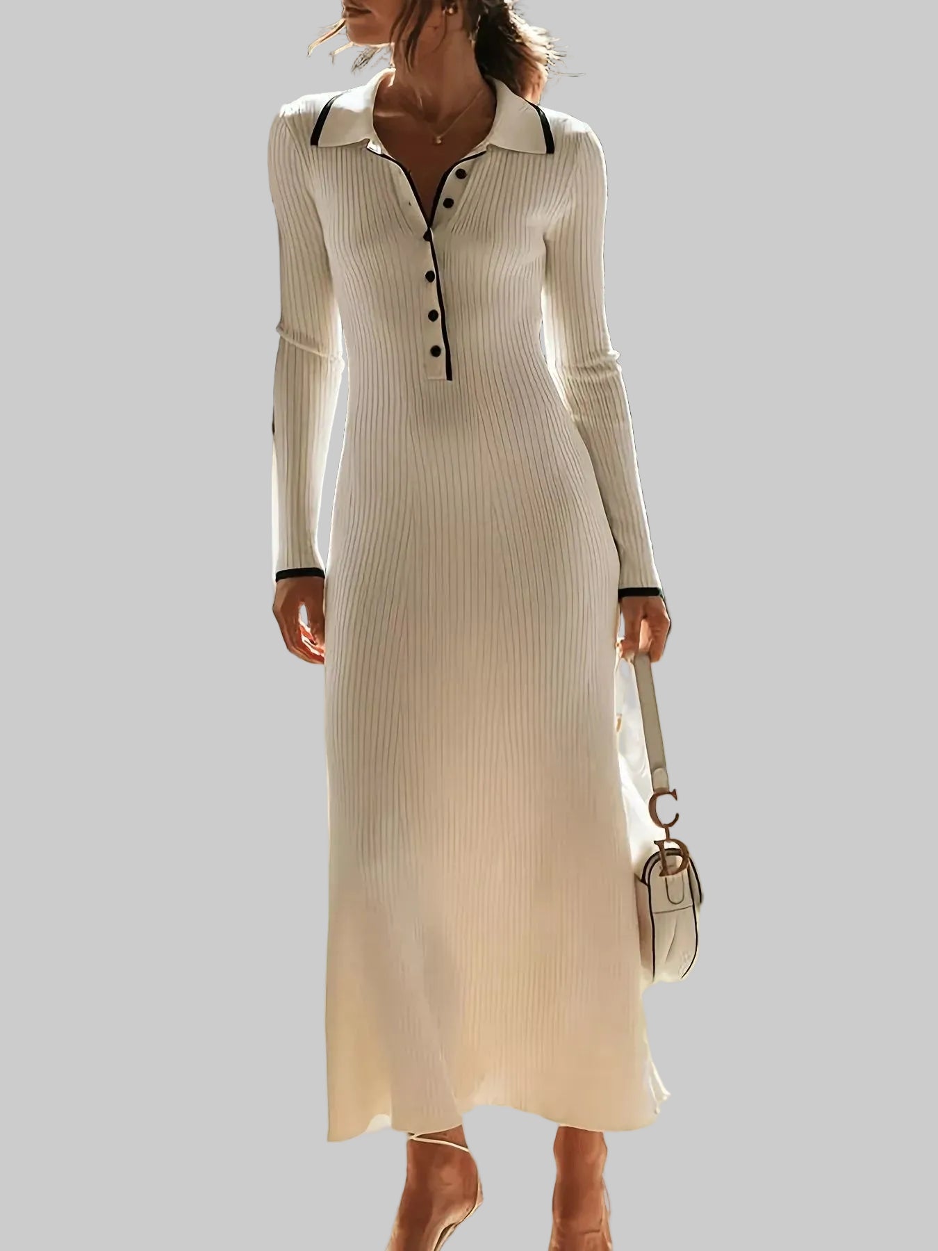 Ribbed Knit Button Detail Sweater Dress - Beige / S