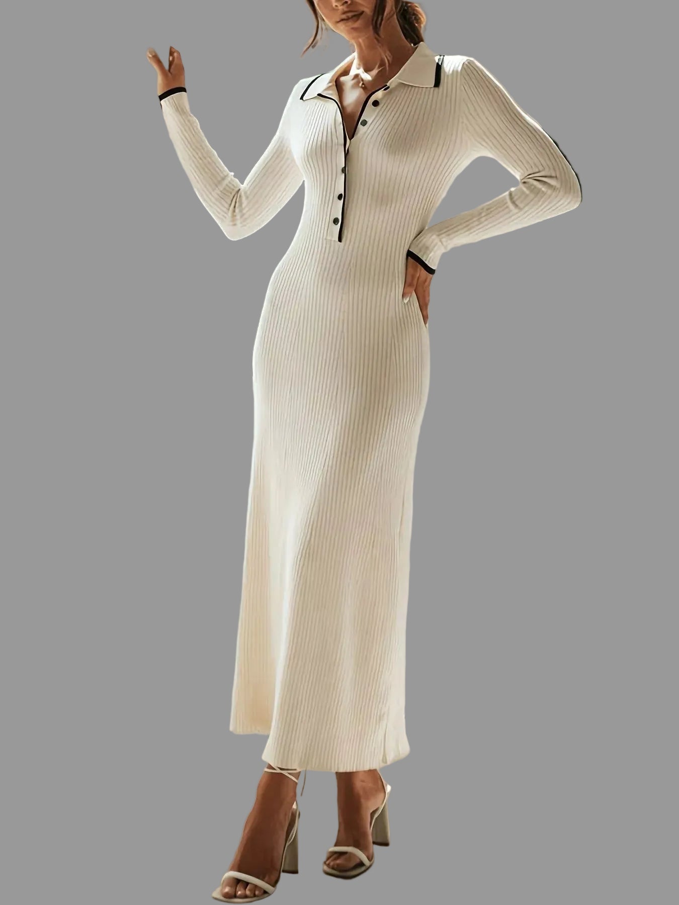 Ribbed Knit Button Detail Sweater Dress - Beige / S