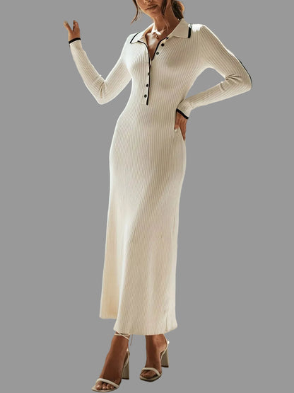 Ribbed Knit Button Detail Sweater Dress - Beige / S