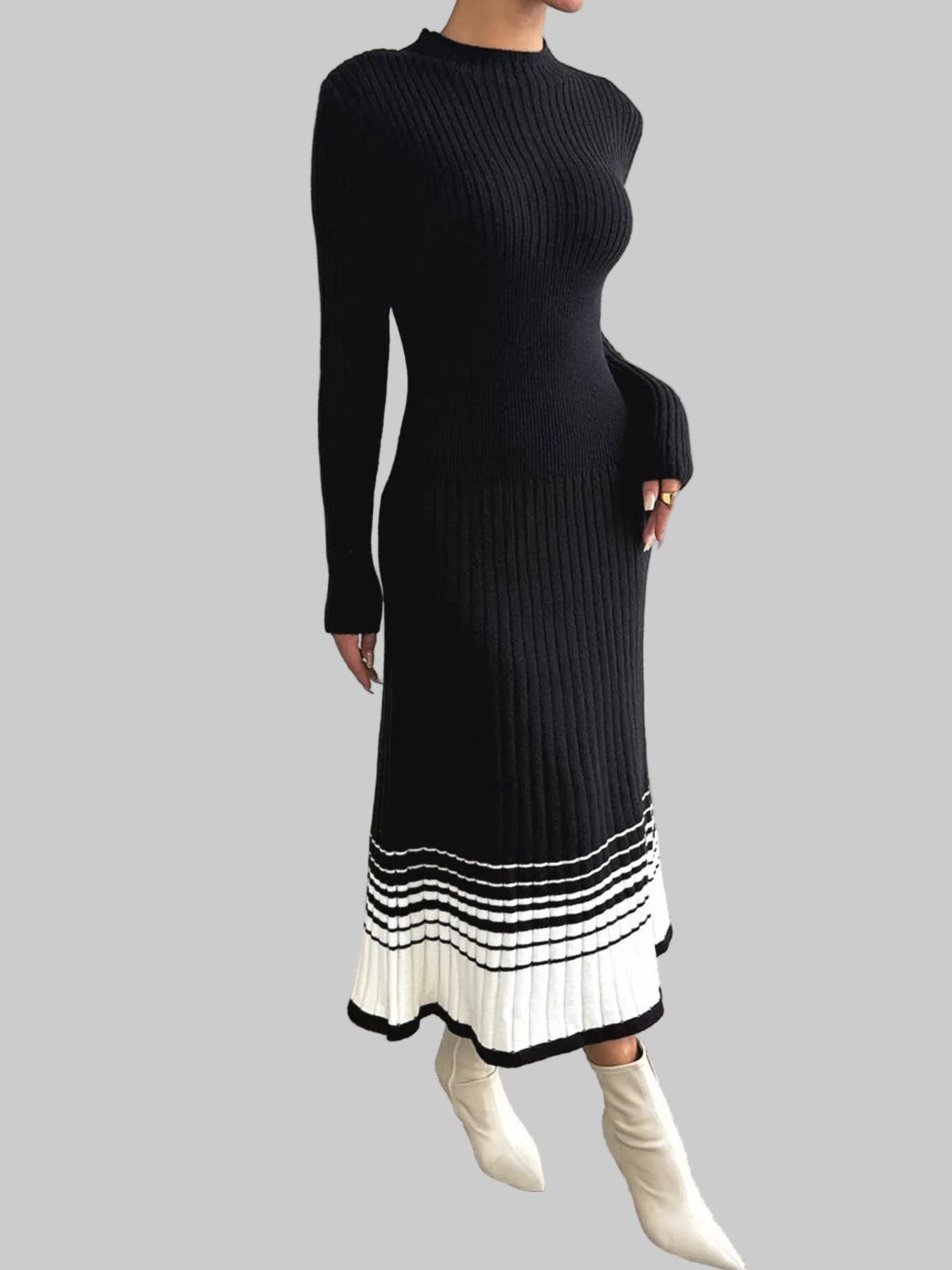 Ribbed Knit Sweater Dress with Striped Hem The Nichole Collection