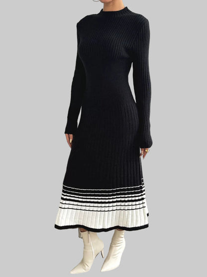 Ribbed Knit Sweater Dress with Striped Hem The Nichole Collection