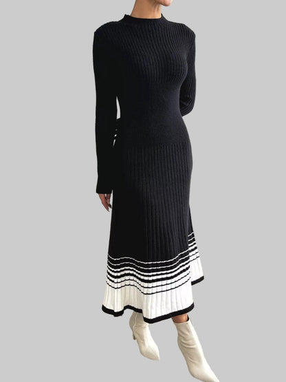 Ribbed Knit Sweater Dress with Striped Hem Black / S The Nichole Collection